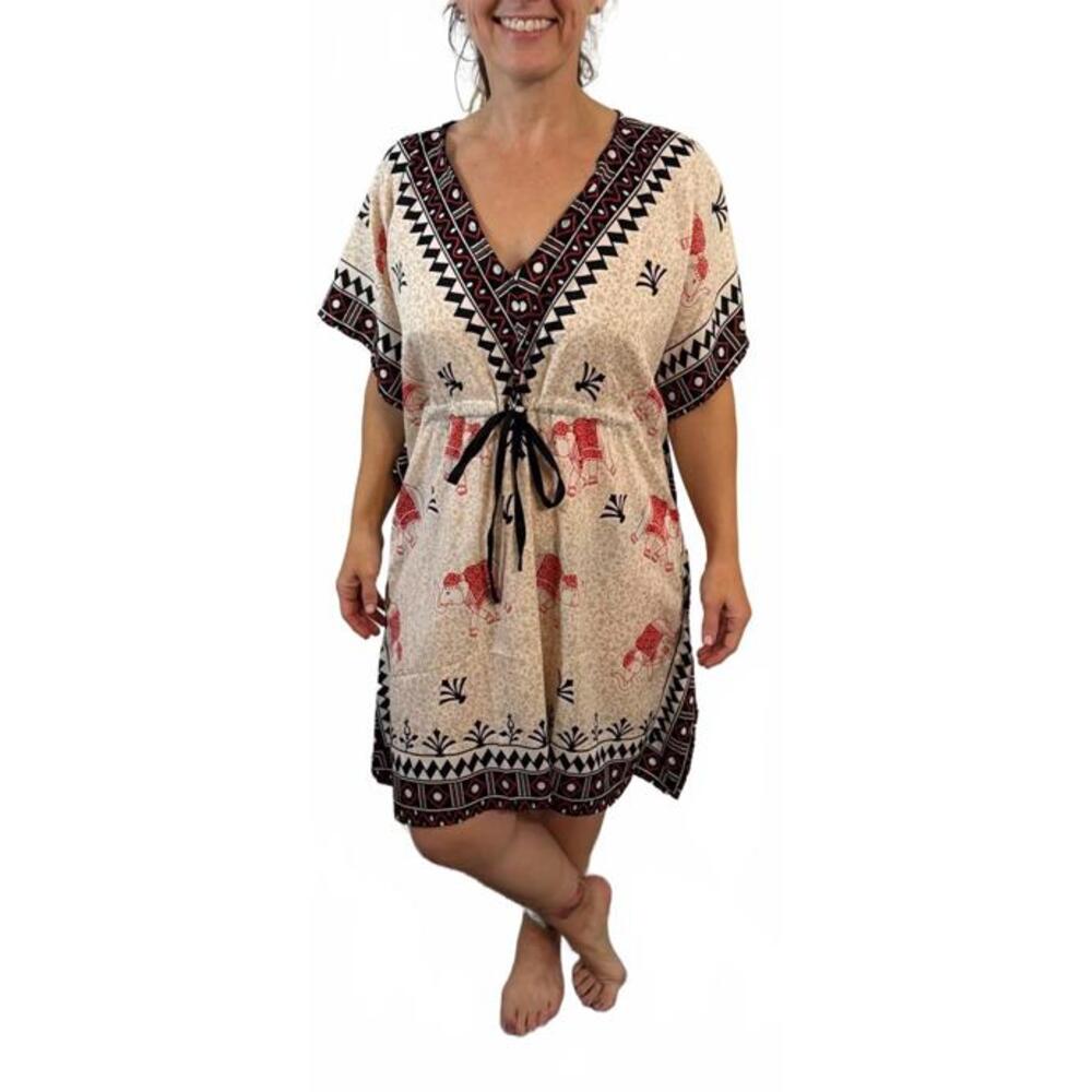 NWT Boho Style Cream Black Caftan Swim Beach Cover up Tunic Dress L XL XXL OS - Picture 3 of 4